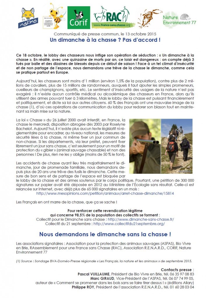 Un dimanche à la chasse pas d'accord - Collectif pour le Dimanche sans chasse 13-10-2015