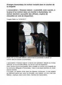 Granges-Aumontzey : Un nichoir installé dans le clocher de la chapelle - Vosges Matin du 14-09-2017