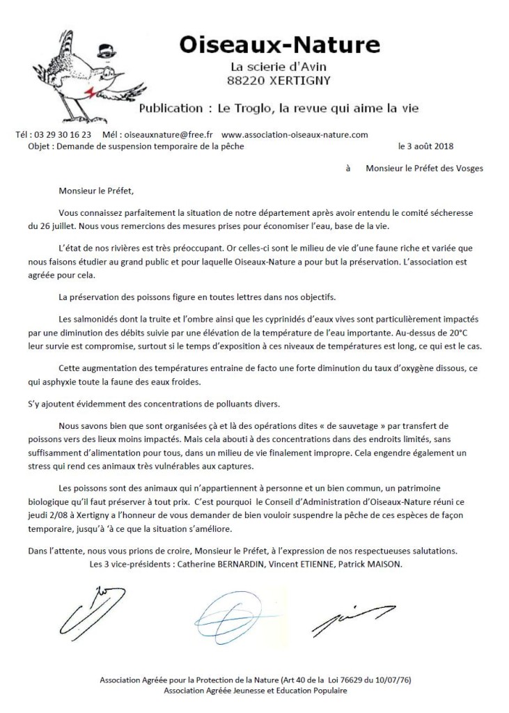 Lettre Oiseaux Nature Demande de suspension de la pêche Préfet des Vosges - 3 août 2018 - sécheresse
