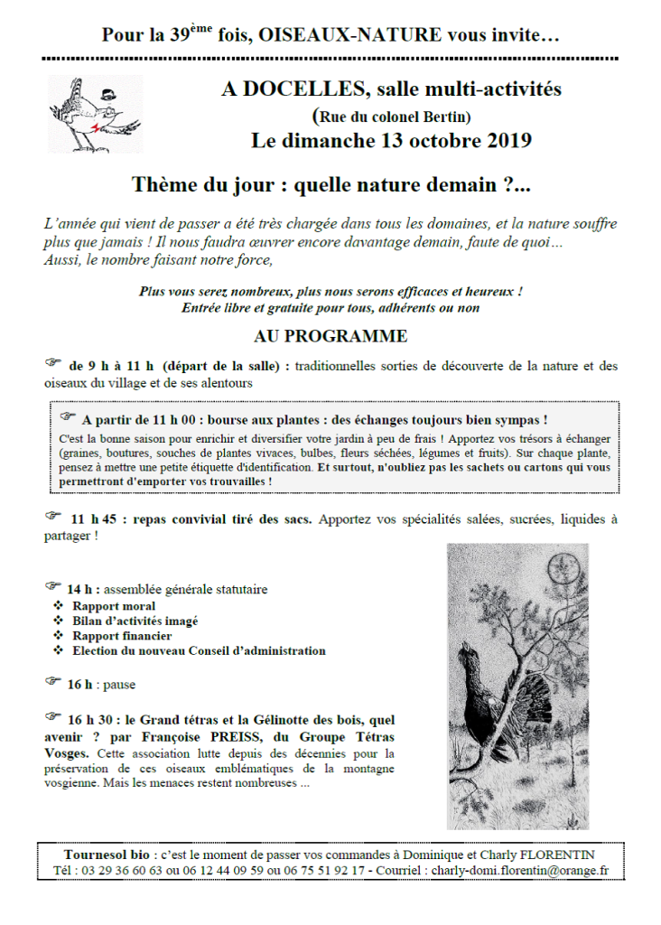 AG Oiseaux Nature le 13 octobre à Docelles