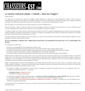 Le renard n'est plus classé nuisible dans les Vosges - Chasseurs de l'Est 29-07-2021