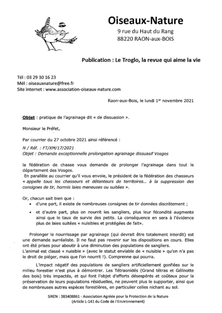 Lettre au Préfet de Oiseaux Nature concernant la pratique de l'agrainage - 01-11-2021