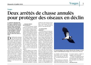 2 arrêtés chasse annulés Vosges Matin 30 juillet 2023