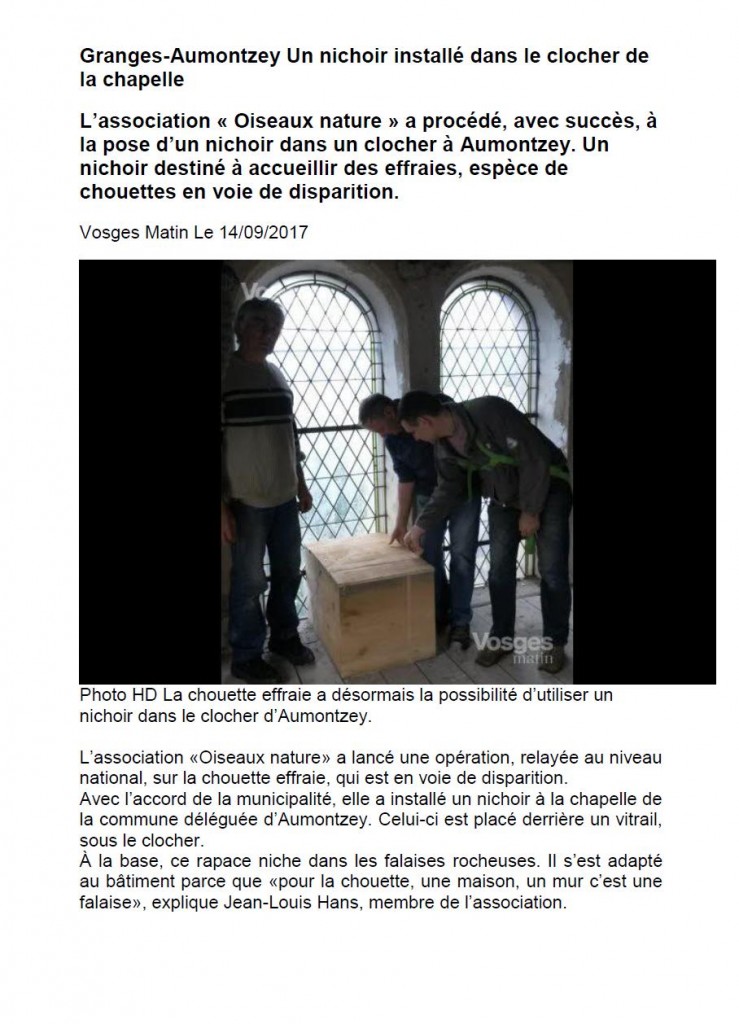 Granges-Aumontzey Un nichoir pour chouette effraie installé dans le clocher de la chapelle - Vosges Matin du 14-09-2017