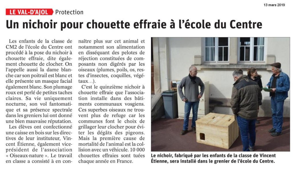 Un nichoir pour chouette effraie à l'école du centre - Vosges Matin 13-03 2019